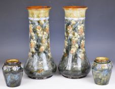 Pair of Royal Doulton art pottery pedestal vases and a pair of smaller examples, tallest 33cm