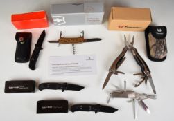 Six various knives and multi-tools including Victorinox Swiss Spirit special edition, Traveller,