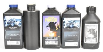 Five bottles of shotgun or rifle cartridge re-loading powder including Vihta Vuori Premium, N32C and