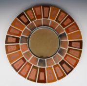 Roger Capron mid century modern circular tile mirror with leaf decoration, impressed 'Capron