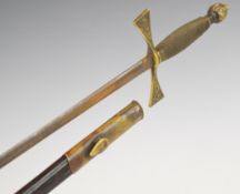 Court / Freemason sword with wire bound grip, brass cross piece, 70cm plain blade and scabbard.