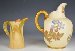 Royal Worcester blush ivory flatback jug, shape no 1094 and a leaf jug, tallest 16cm