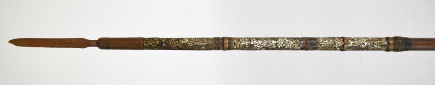 Japanese style Yari polearm with short 15cm blade, copper collar, lacquered decoration to top part