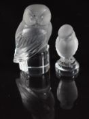 Two Lalique frosted glass owl figures, tallest 9cm