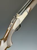 Lanber 12 bore over and under ejector shotgun with engraved scenes of birds to the locks and