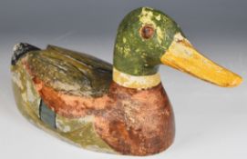 A carved wood decoy mallard duck, L36 x H18cm.