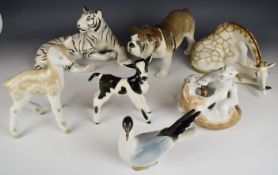 Lomonosov / USSR figures including Siberian tiger, bulldog, giraffe etc, tallest 18cm