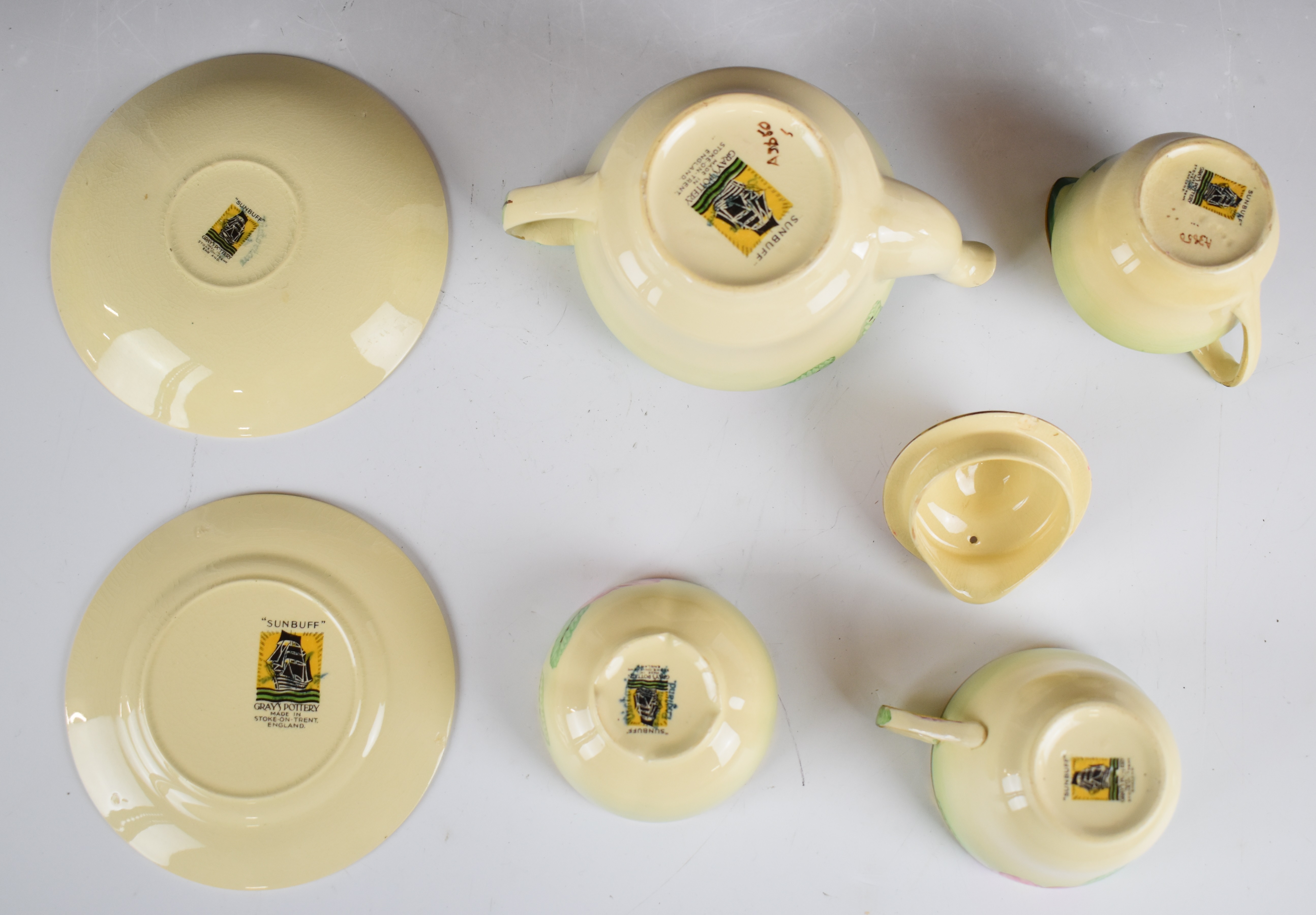 Grays Pottery Art Deco tea for one set decorated with pink flowers, A3650, tallest 12cm - Image 3 of 3
