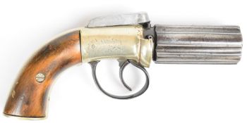 Unnamed six-shot percussion bar hammer action pepperbox pistol / revolver with engraved lock, top