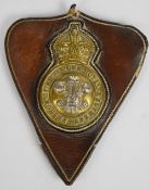 British Army brass martingale for the Prince of Wales Own Royal Regiment, on leather mount, 13 x