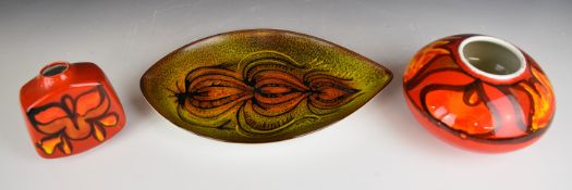 Two Poole Pottery mid century modern vases (tallest 11cm) and a dish, diameter 30cm