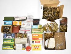 A large collection of various rifle cartridges including .22-250, 6mm, .22, .308 pistol, 9mm,