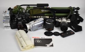 Cameras and accessories comprising Sony Handycam DCR-TRV80E, Centon K100 35mm SLR with 50mm 1:1.7