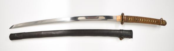 Japanese Samurai sword with signed tang, two menuki, bound grip, decorated tsuba, 68cm curved