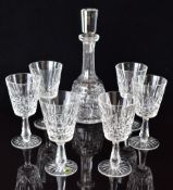 Waterford Crystal Kylemore cut glass decanter (32cm tall) and six wine glasses (17.5cm tall)