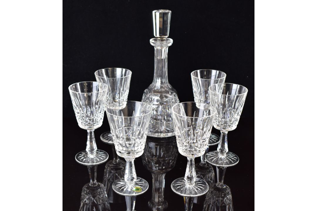 Waterford Crystal Kylemore cut glass decanter (32cm tall) and six wine glasses (17.5cm tall) - Image 1 of 8