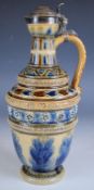 Doulton Lambeth art pottery ewer with hallmarked silver mounts, H26cm