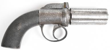 English six-shot percussion bar hammer action pepperbox pistol / revolver with engraved lock, hammer