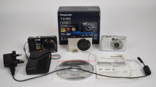 Three digital cameras comprising Canon Ixus 70, Canon Ixus 950 IS and Panasonic Lumix TZ30, the last