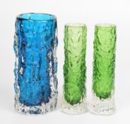 Three Geoffrey Baxter for Whitefriars textured bark glass vases of cylindrical form, a pair in