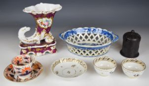 18th / 19thC teaware, blue and white chestnut basket, Wedgwood black basalt canister, cornucopia