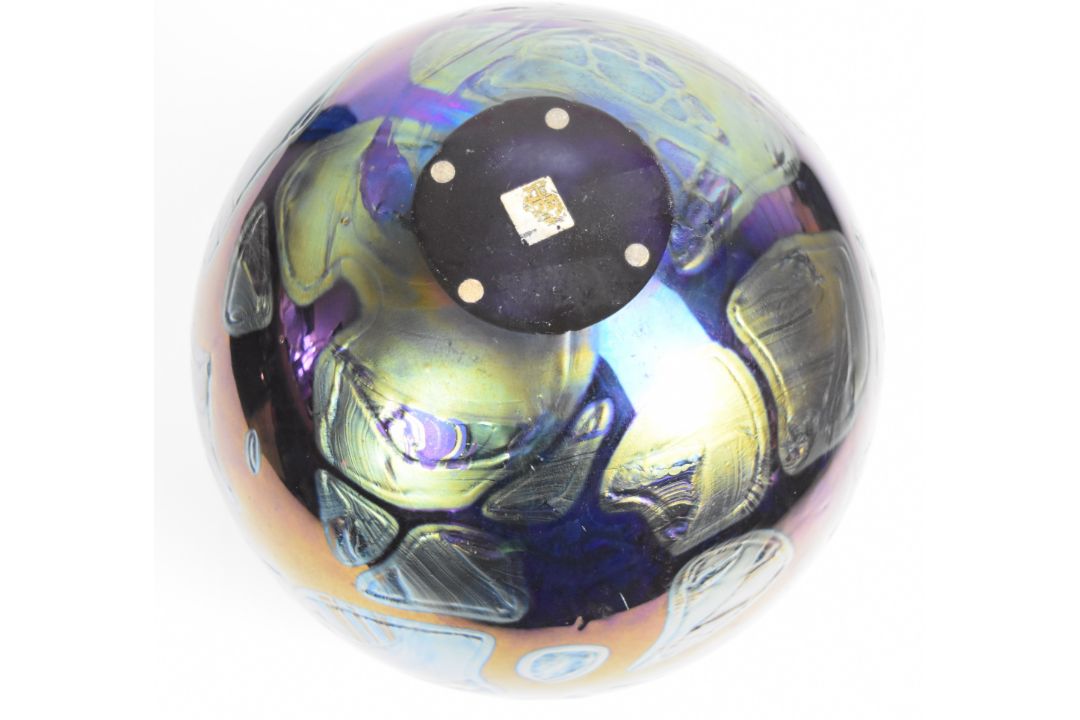 Timothy Harris for Isle of Wight studio glass iridescent glass vase of globular form with original - Image 4 of 4