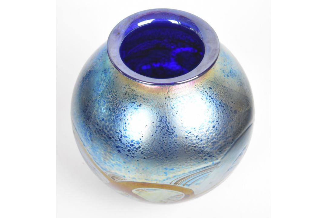 Timothy Harris for Isle of Wight studio glass iridescent glass vase of globular form with original - Image 3 of 4