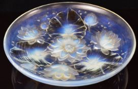 Verlys Art Deco opalescent glass charger decorated with water lilies and with impressed signature,