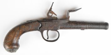 Ketland flintlock pocket pistol with named lock, silver wire inlaid wooden grip, hallmarked