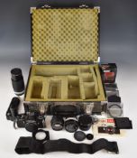 Pentax ME 35mm SLR camera outfit with Hoya 28mm 1:2.8, Pentax-M 1:1.7 50mm and Hoya 70-150mm 1:3.8