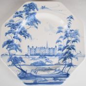 Isis Pottery Oxford England octagonal hand decorated blue and white plate with stately home