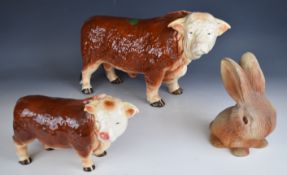 Butcher's shop window advertising / display Hereford bull and cow and a Sylvac rabbit model 305,
