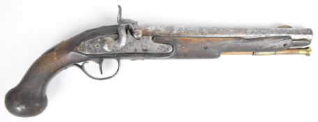 Bickley & Son percussion converted from flintlock hammer action pistol with engraved lock and