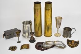 Collection of militaria including two WW1 brass shell cases, one dated 1917 the other 1918,