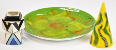 Poole Pottery mid century modern charger, Anita Harris sifter and a Lorna Bailey cache pot,