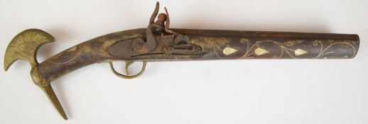 Turkish or Ottoman flintlock pistol with inlaid mother of pearl and silver wire decoration, brass