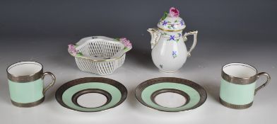 Herend covered jug, reticulated basket with applied flower decoration and two Royal Worcester coffee