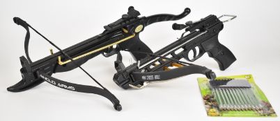 Two pistol crossbows including Anglo Arms, both with textured composite grips and adjustable sights,