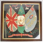British Army The Queen's Regiment wool work with soldier's portrait photograph to centre flanked