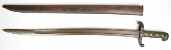 French 1842 pattern bayonet with brass grip, 57cm fullered yataghan blade and scabbard. PLEASE NOTE: