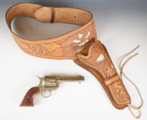 Replica six-shot single action revolver with wooden grips and 4.75 inch barrel, overall length 29cm,