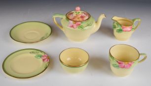 Grays Pottery Art Deco tea for one set decorated with pink flowers, A3650, tallest 12cm
