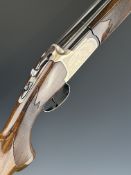 Lanber 12 bore over and under ejector shotgun with engraved birds to the locks and underside,