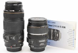 Two Canon digital SLR camera lenses comprising EF 17-85mm 1:4-5.6 IS USM and EF 70-300mm 1:4-5.6