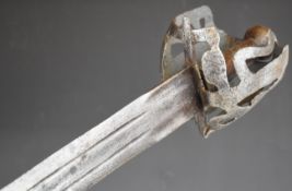 Early 18thC style Scottish broadsword of crude construction with basket hilt, leather covered