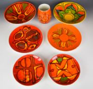 Poole Pottery mid century modern bowls, plates and vases, some in the Delphis range, tallest 14.5,
