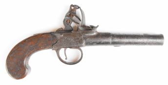 Laugher & Son flintlock pocket pistol with named and engraved lock, silver wire inlaid wooden grip