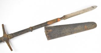 Japanese style Yari polearm with 35cm double edged blade, copper mounts, metal cross guard and