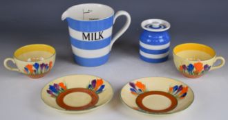 Clarice Cliff Bizarre for Wilkinson and Newport Potteries, two cups and saucers decorated in the