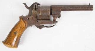 Belgian six-shot double-action pinfire revolver with shaped wooden grips, folding trigger and 3.5